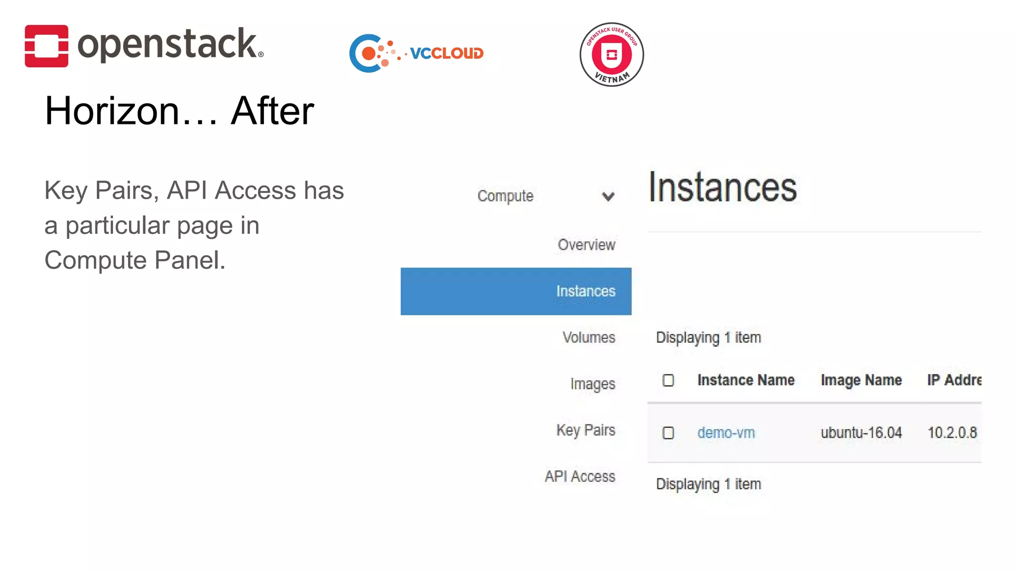 Horizon… After
Key Pairs, API Access has
a particular page in
Compute Panel.