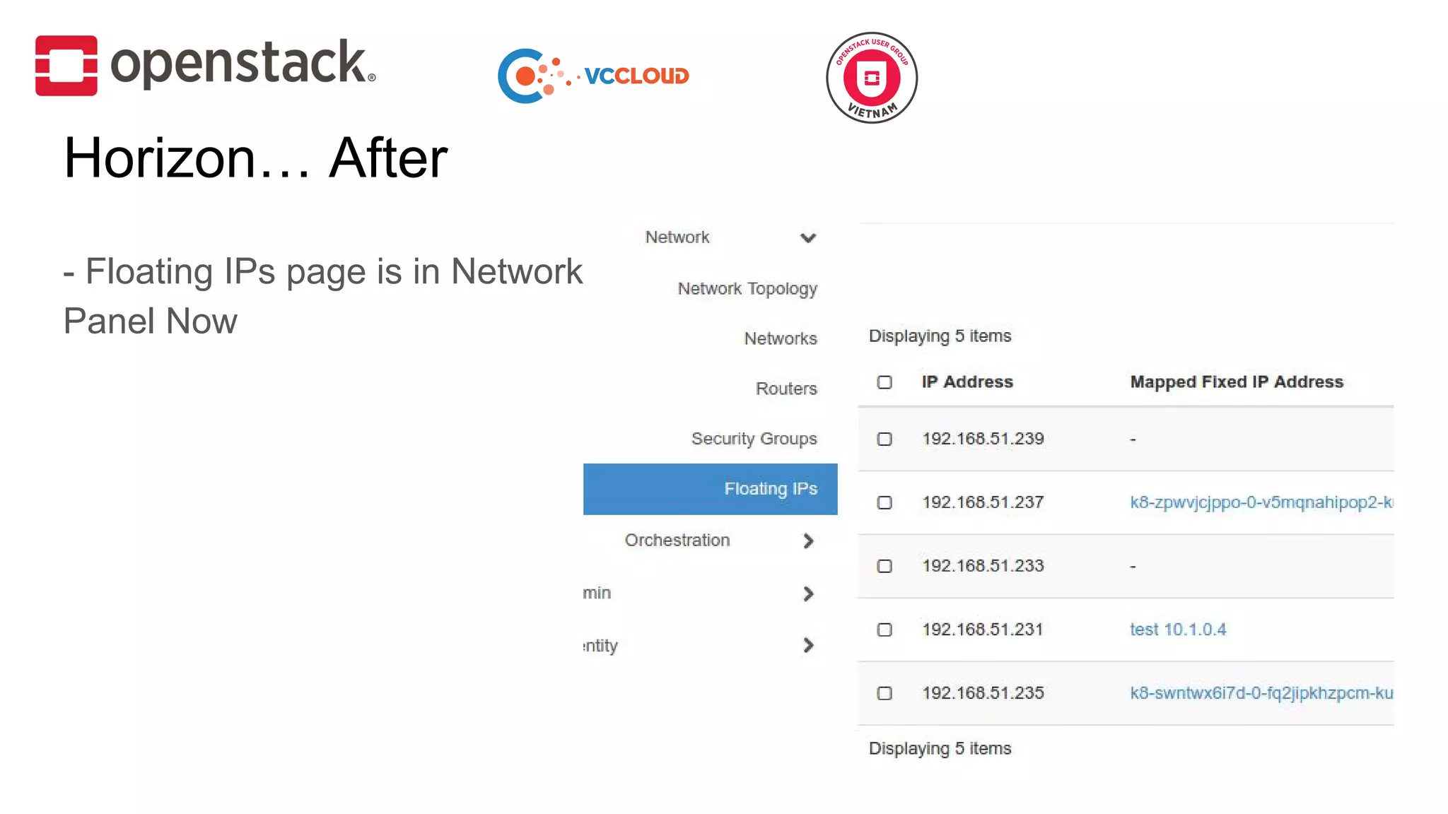 - Floating IPs page is in Network
Panel Now
Horizon… After
