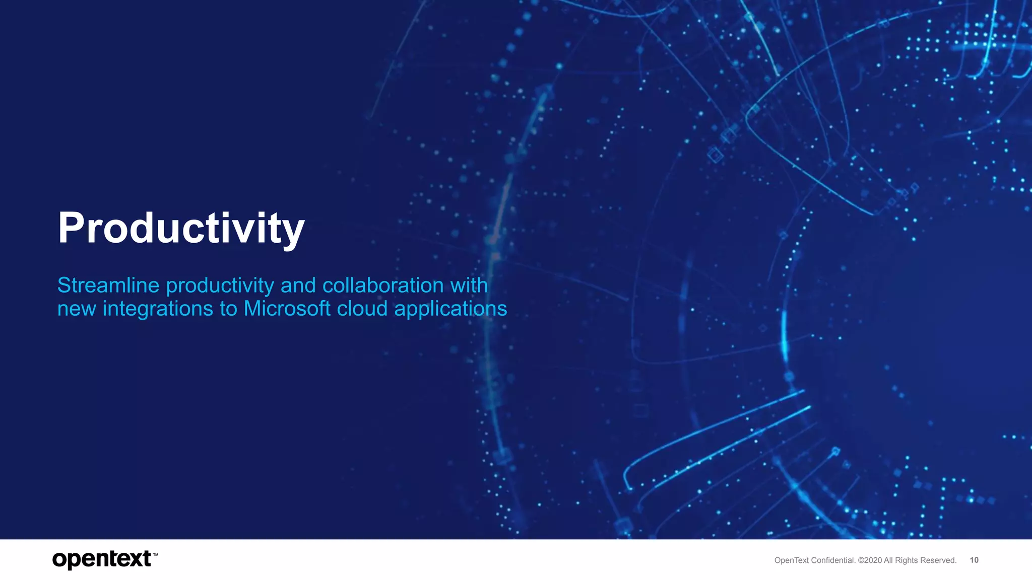 OpenText Confidential. ©2020 All Rights Reserved. 10
Productivity
Streamline productivity and collaboration with
new integrations to Microsoft cloud applications
 