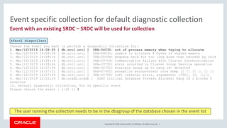 Copyright © 2018, Oracle and/or its affiliates. All rights reserved. |
Event specific collection for default diagnostic collection
Choose the event you want to perform a diagnostic collection for:
1. Mar/12/2019 16:08:20 [ db.orcl.orcl ] ORA-04030: out of process memory when trying to allocate
2. Mar/12/2019 16:08:18 [ db.orcl.orcl ] ORA-04031: unable to allocate 8 bytes of shared memory
3. Mar/12/2019 16:08:16 [ db.orcl.orcl ] ORA-00494: enqueue held for too long more than seconds by osid
4. Mar/12/2019 16:08:14 [ db.orcl.orcl ] ORA-29709: Communication failure with Cluster Synchronization
5. Mar/12/2019 16:08:04 [ db.orcl.orcl ] ORA-29702: error occurred in Cluster Group Service operation
6. Mar/12/2019 16:07:59 [ db.orcl.orcl ] ORA-32701: Possible hangs up to hang ID= detected
7. Mar/12/2019 16:07:51 [ db.orcl.orcl ] ORA-07445: exception encountered: core dump [] [] [] [] [] []
8. Mar/12/2019 16:07:49 [ db.orcl.orcl ] ORA-00700: soft internal error, arguments: [700], [], [],[]
9. Mar/11/2019 22:02:19 [ db.oradb.oradb ] DIA0 Critical Database Process Blocked: Hang ID 1 blocks 5
sessions
10. Default diagnostic collection, for no specific event
Please choose the event : 1-10 [] 1
Event with an existing SRDC – SRDC will be used for collection
The user running the collection needs to be in the dbagroup of the database chosen in the event list
tfactl diagcollect
 