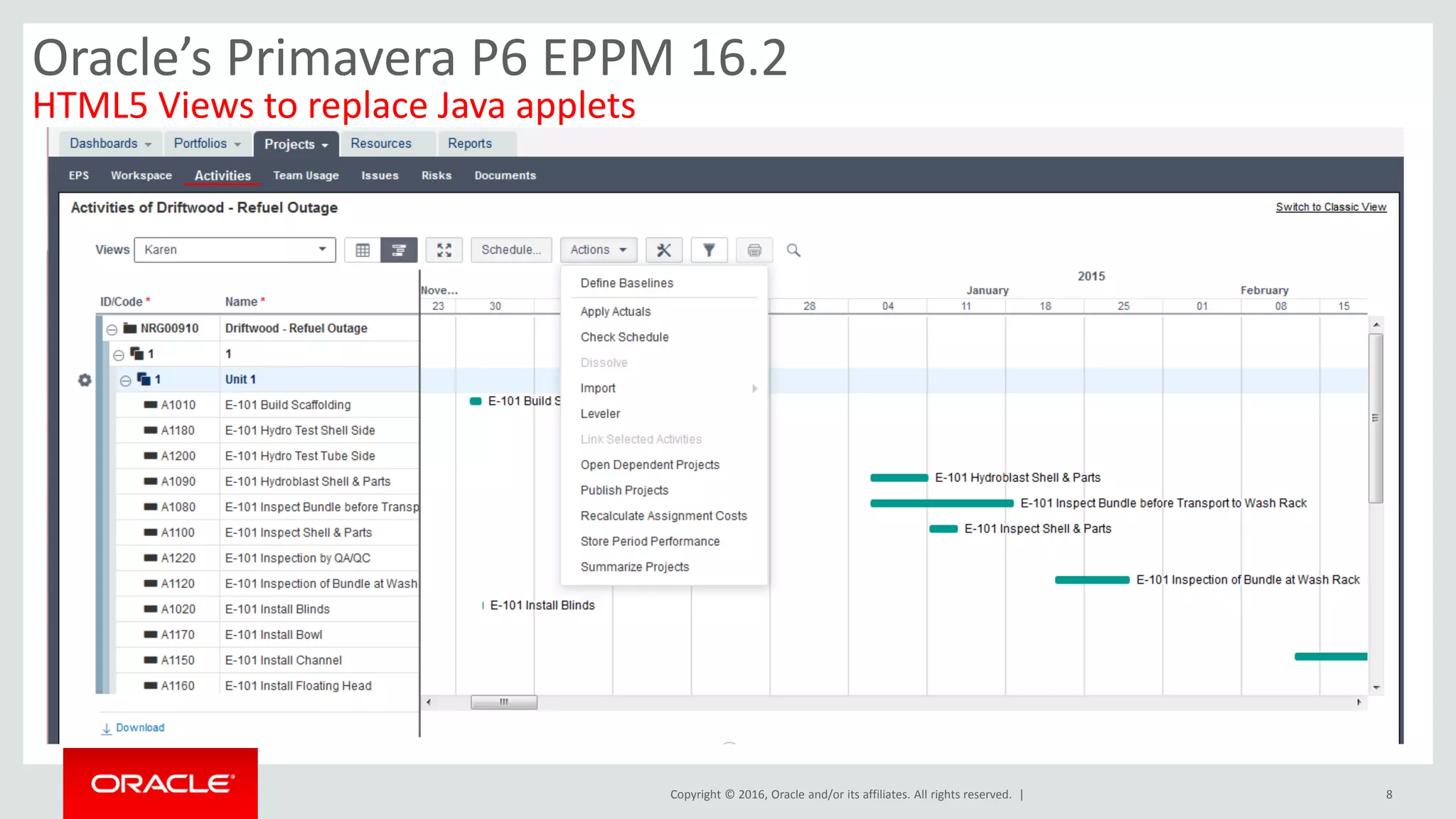 Copyright © 2016, Oracle and/or its affiliates. All rights reserved. | 8
Oracle’s Primavera P6 EPPM 16.2
HTML5 Views to replace Java applets
 