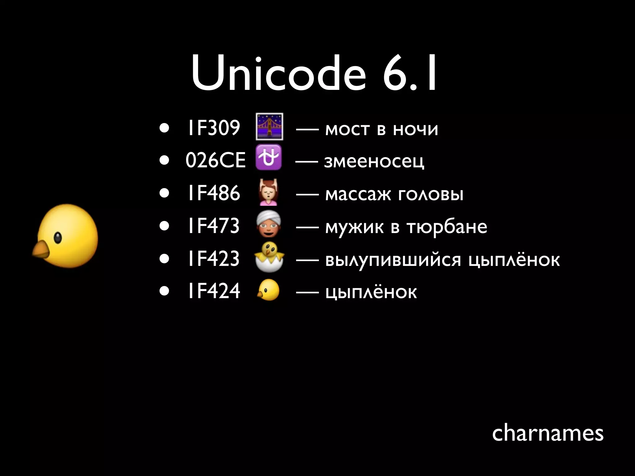 Unicode 6.1
•   1F309   — мост в ночи
•   026CE   — змееносец
•   1F486   — массаж головы
•   1F473   — мужик в тюрбане
•   1F423   — вылупившийся цыплёнок
•   1F424   — цыплёнок




                             charnames
 