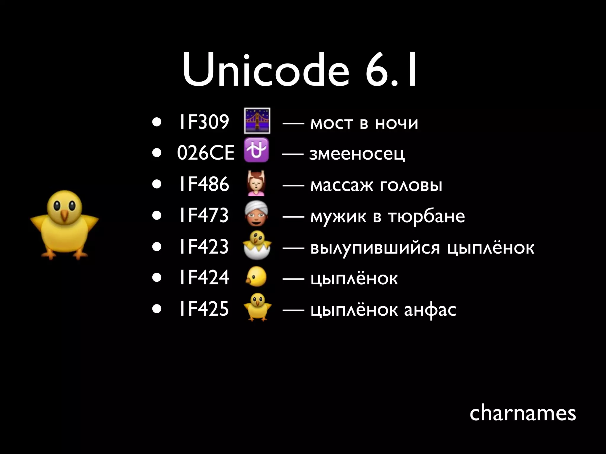 Unicode 6.1
•   1F309   — мост в ночи
•   026CE   — змееносец
•   1F486   — массаж головы
•   1F473   — мужик в тюрбане
•   1F423   — вылупившийся цыплёнок
•   1F424   — цыплёнок
•   1F425   — цыплёнок анфас



                             charnames
 