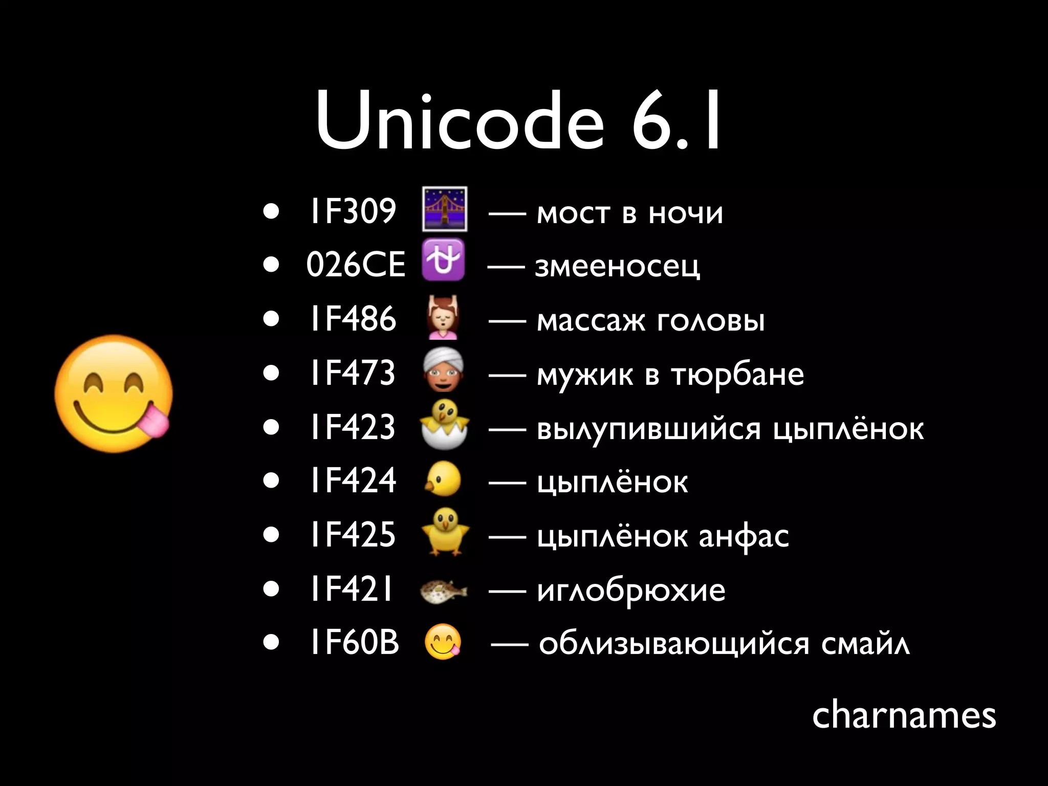 Unicode 6.1
•   1F309   — мост в ночи
•   026CE   — змееносец
•   1F486   — массаж головы
•   1F473   — мужик в тюрбане
•   1F423   — вылупившийся цыплёнок
•   1F424   — цыплёнок
•   1F425   — цыплёнок анфас
•   1F421   — иглобрюхие
•   1F60B   — облизывающийся смайл

                             charnames
 