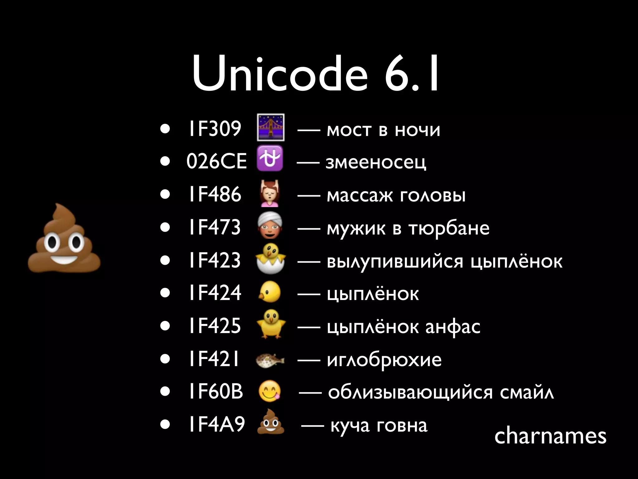 Unicode 6.1
•   1F309   — мост в ночи
•   026CE   — змееносец
•   1F486   — массаж головы
•   1F473   — мужик в тюрбане
•   1F423   — вылупившийся цыплёнок
•   1F424   — цыплёнок
•   1F425   — цыплёнок анфас
•   1F421   — иглобрюхие
•   1F60B   — облизывающийся смайл
•   1F4A9   — куча говна
                             charnames
 