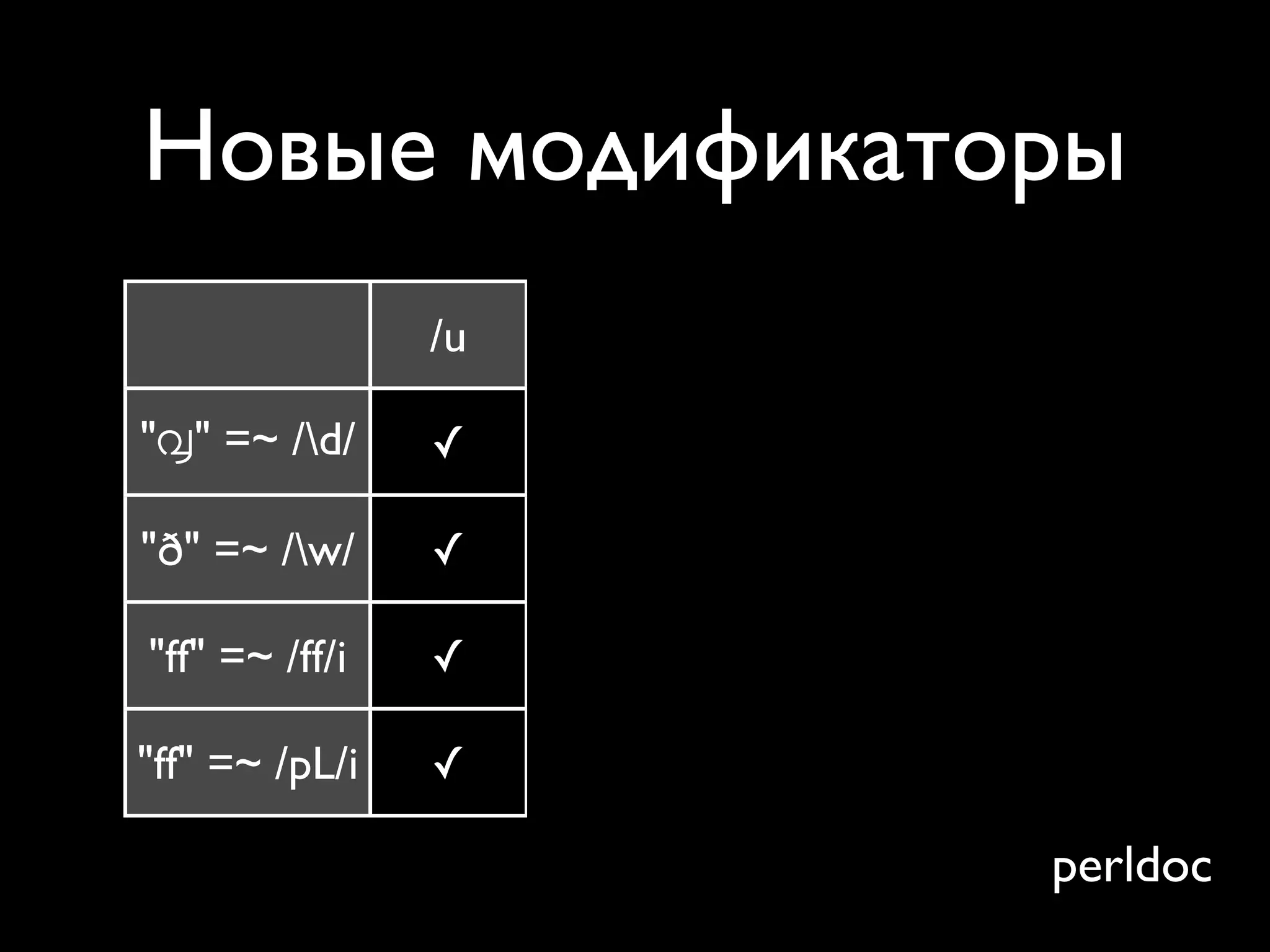 Новые модификаторы
                /u   /a   /aa   /d   /l

"൮" =~ /d/     ✓    ☐    ☐     ¿?   ¿?

"ð" =~ /w/     ✓    ☐    ☐     ¿?   ¿?

"ff" =~ /ff/i   ✓    ✓    ☐     ¿?   ¿?

"ff" =~ /pL/i   ✓    ✓    ✓     ¿?   ¿?

                                     perldoc
 