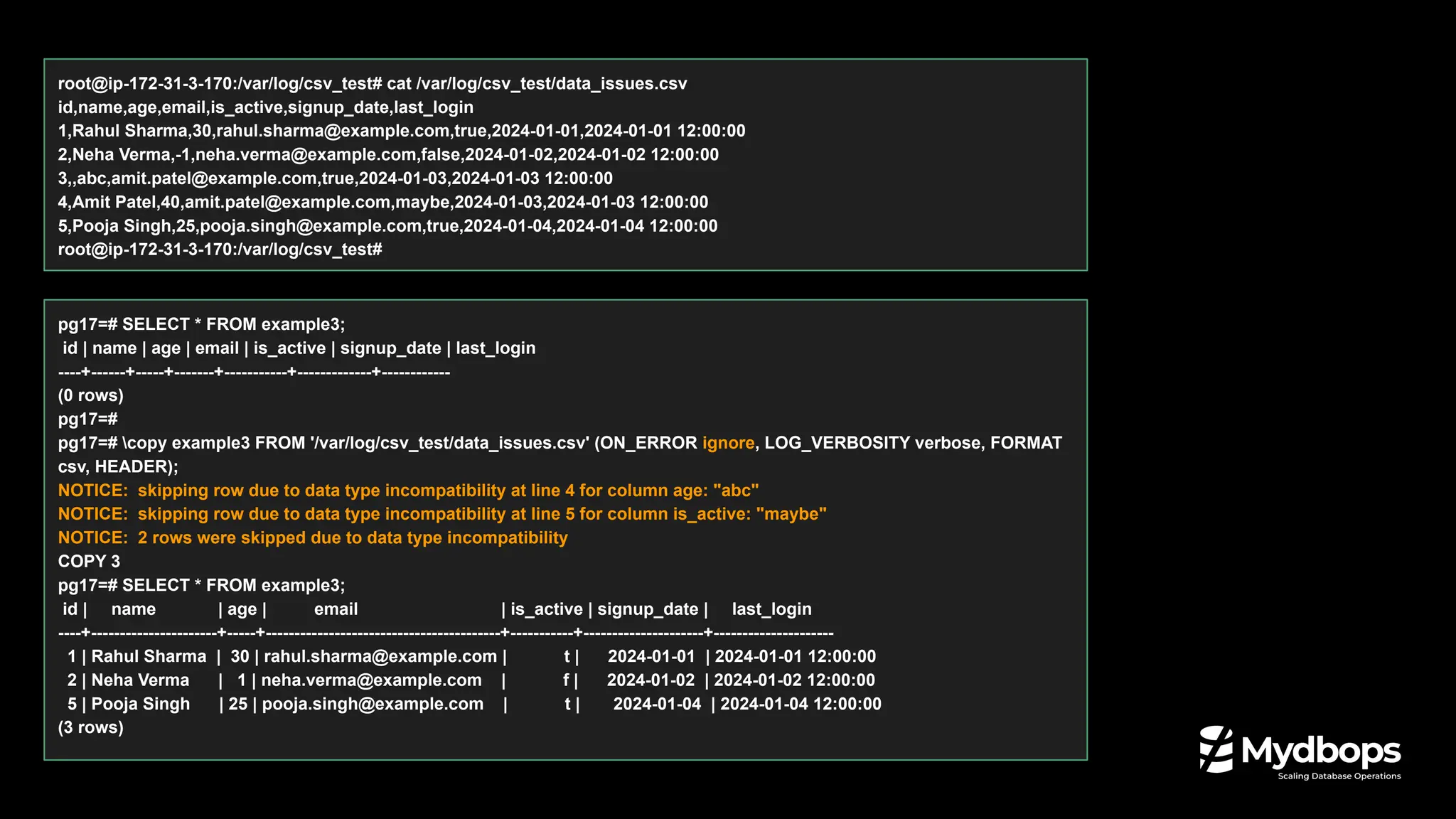 root@ip-172-31-3-170:/var/log/csv_test# cat /var/log/csv_test/data_issues.csv
id,name,age,email,is_active,signup_date,last_login
1,Rahul Sharma,30,rahul.sharma@example.com,true,2024-01-01,2024-01-01 12:00:00
2,Neha Verma,-1,neha.verma@example.com,false,2024-01-02,2024-01-02 12:00:00
3,,abc,amit.patel@example.com,true,2024-01-03,2024-01-03 12:00:00
4,Amit Patel,40,amit.patel@example.com,maybe,2024-01-03,2024-01-03 12:00:00
5,Pooja Singh,25,pooja.singh@example.com,true,2024-01-04,2024-01-04 12:00:00
root@ip-172-31-3-170:/var/log/csv_test#
pg17=# SELECT * FROM example3;
id | name | age | email | is_active | signup_date | last_login
----+------+-----+-------+-----------+-------------+------------
(0 rows)
pg17=#
pg17=# copy example3 FROM '/var/log/csv_test/data_issues.csv' (ON_ERROR ignore, LOG_VERBOSITY verbose, FORMAT
csv, HEADER);
NOTICE: skipping row due to data type incompatibility at line 4 for column age: "abc"
NOTICE: skipping row due to data type incompatibility at line 5 for column is_active: "maybe"
NOTICE: 2 rows were skipped due to data type incompatibility
COPY 3
pg17=# SELECT * FROM example3;
id | name | age | email | is_active | signup_date | last_login
----+----------------------+-----+-----------------------------------------+-----------+---------------------+---------------------
1 | Rahul Sharma | 30 | rahul.sharma@example.com | t | 2024-01-01 | 2024-01-01 12:00:00
2 | Neha Verma | 1 | neha.verma@example.com | f | 2024-01-02 | 2024-01-02 12:00:00
5 | Pooja Singh | 25 | pooja.singh@example.com | t | 2024-01-04 | 2024-01-04 12:00:00
(3 rows)
 