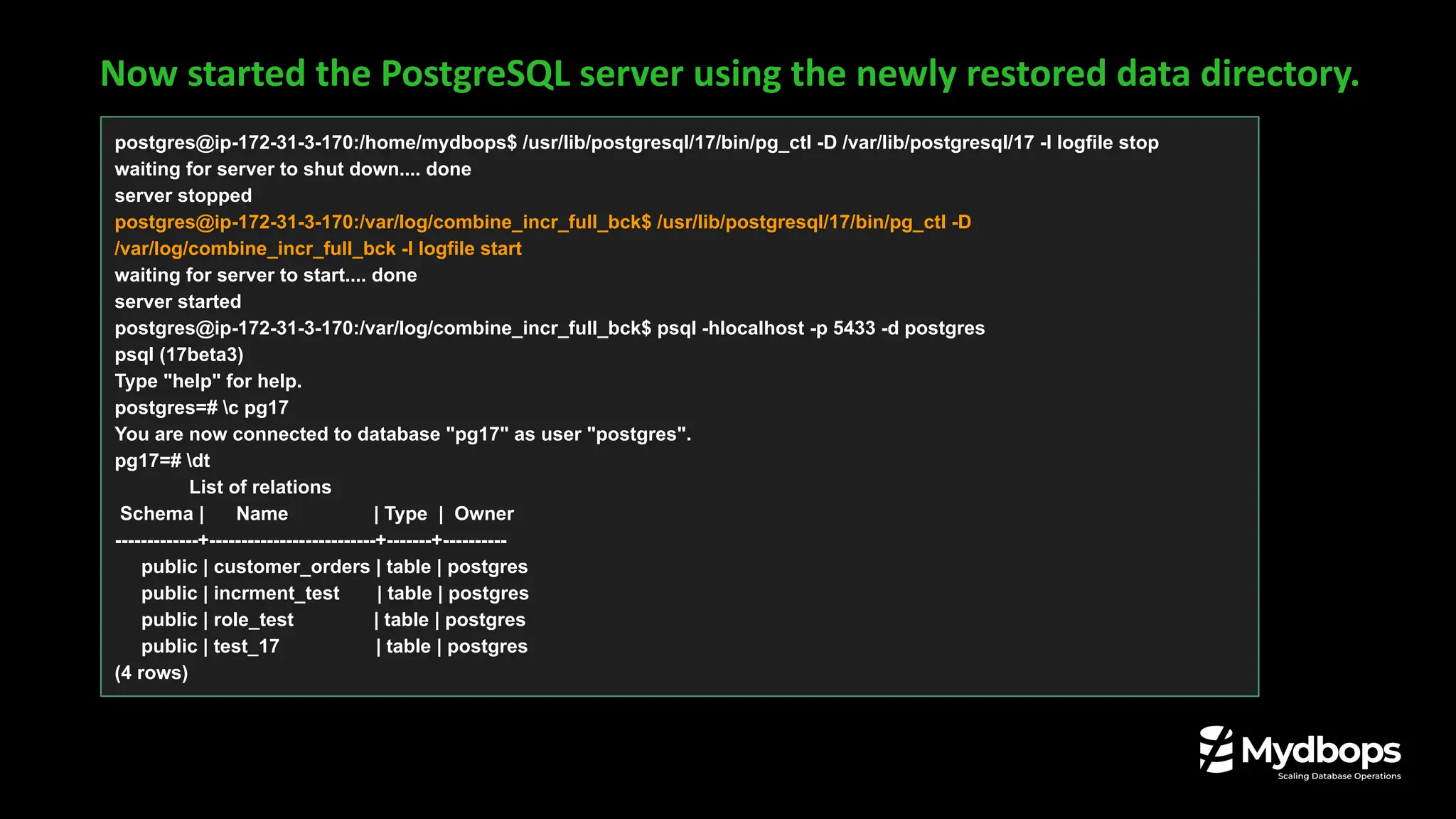 Now started the PostgreSQL server using the newly restored data directory.
postgres@ip-172-31-3-170:/home/mydbops$ /usr/lib/postgresql/17/bin/pg_ctl -D /var/lib/postgresql/17 -l logfile stop
waiting for server to shut down.... done
server stopped
postgres@ip-172-31-3-170:/var/log/combine_incr_full_bck$ /usr/lib/postgresql/17/bin/pg_ctl -D
/var/log/combine_incr_full_bck -l logfile start
waiting for server to start.... done
server started
postgres@ip-172-31-3-170:/var/log/combine_incr_full_bck$ psql -hlocalhost -p 5433 -d postgres
psql (17beta3)
Type "help" for help.
postgres=# c pg17
You are now connected to database "pg17" as user "postgres".
pg17=# dt
List of relations
Schema | Name | Type | Owner
-------------+--------------------------+-------+----------
public | customer_orders | table | postgres
public | incrment_test | table | postgres
public | role_test | table | postgres
public | test_17 | table | postgres
(4 rows)
 