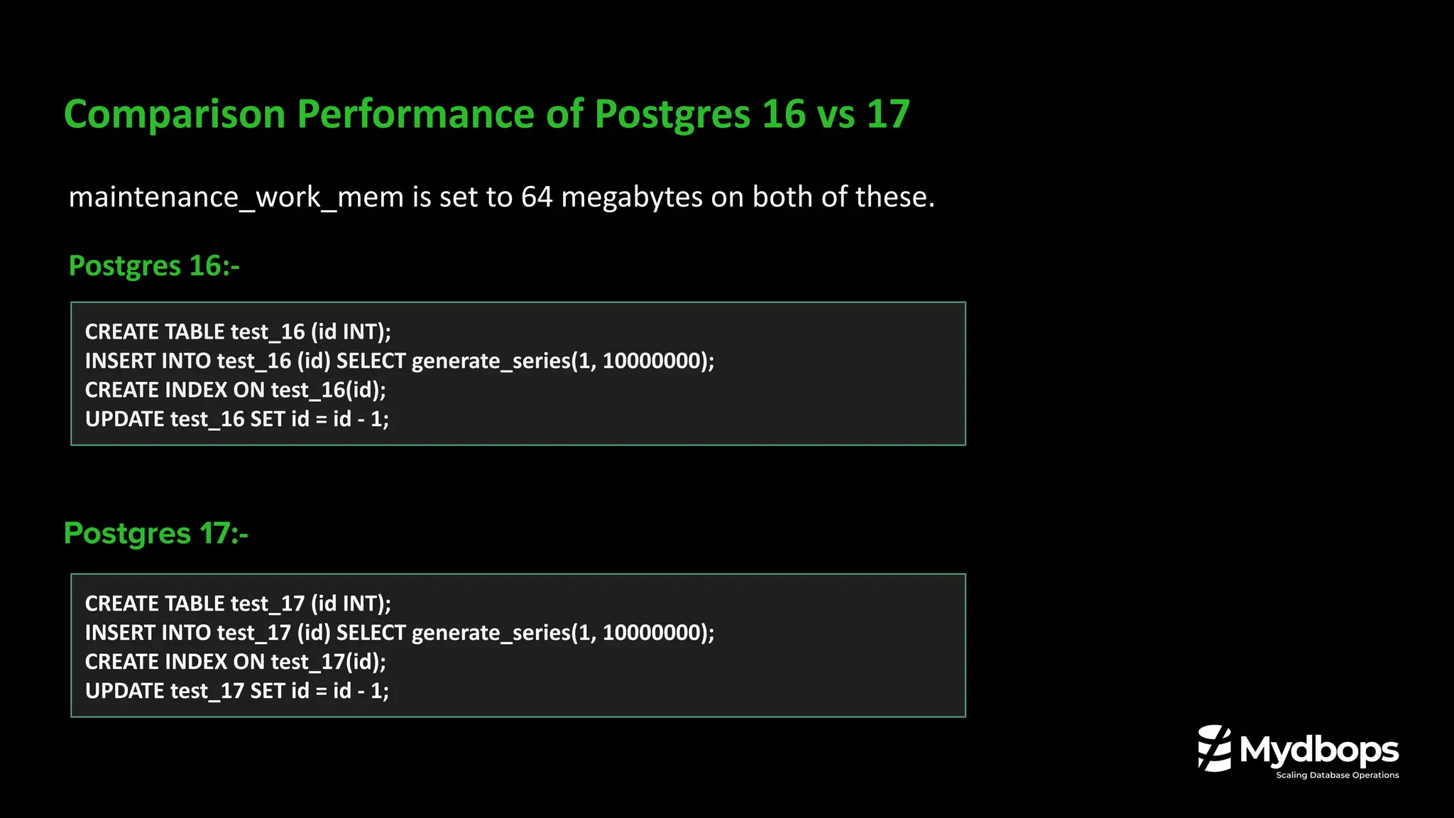 Comparison Performance of Postgres 16 vs 17
maintenance_work_mem is set to 64 megabytes on both of these.
Postgres 16:-
Postgres 17:-
CREATE TABLE test_16 (id INT);
INSERT INTO test_16 (id) SELECT generate_series(1, 10000000);
CREATE INDEX ON test_16(id);
UPDATE test_16 SET id = id - 1;
CREATE TABLE test_17 (id INT);
INSERT INTO test_17 (id) SELECT generate_series(1, 10000000);
CREATE INDEX ON test_17(id);
UPDATE test_17 SET id = id - 1;
 