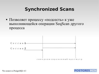 Synchronized Scans Позволяет процессу «подсесть» к уже выполняющейся операции SeqScan другого процесса Сессия 1 Сессия 2 синхронизированный просмотр 