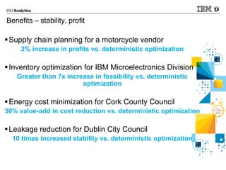 Benefits – stability, profit
Supply chain planning for a motorcycle vendor
2% increase in profits vs. deterministic optimization
Inventory optimization for IBM Microelectronics Division
Greater than 7x increase in feasibility vs. deterministic
optimization
Energy cost minimization for Cork County Council
30% value-add in cost reduction vs. deterministic optimization
Leakage reduction for Dublin City Council
10 times increased stability vs. deterministic optimization
 
