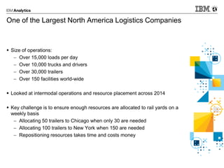 One of the Largest North America Logistics Companies
 Size of operations:
 Over 15,000 loads per day
 Over 10,000 trucks and drivers
 Over 30,000 trailers
 Over 150 facilities world-wide
 Looked at intermodal operations and resource placement across 2014
 Key challenge is to ensure enough resources are allocated to rail yards on a
weekly basis
 Allocating 50 trailers to Chicago when only 30 are needed
 Allocating 100 trailers to New York when 150 are needed
 Repositioning resources takes time and costs money
 