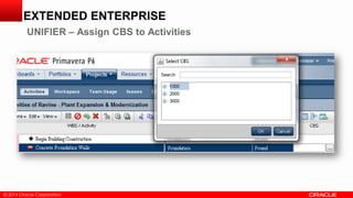 © 2014 Oracle Corporation© 2014 Oracle Corporation
EXTENDED ENTERPRISE
UNIFIER – Assign CBS to Activities
 