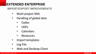 © 2014 Oracle Corporation© 2014 Oracle Corporation
• Multi project XML
• Handling of global data
• Codes
• UDFs
• Calendars
• Resources
• Import templates
• Log File
• Web and Desktop Client
EXTENDED ENTERPRISE
IMPORT/EXPORT IMPROVEMENTS
 