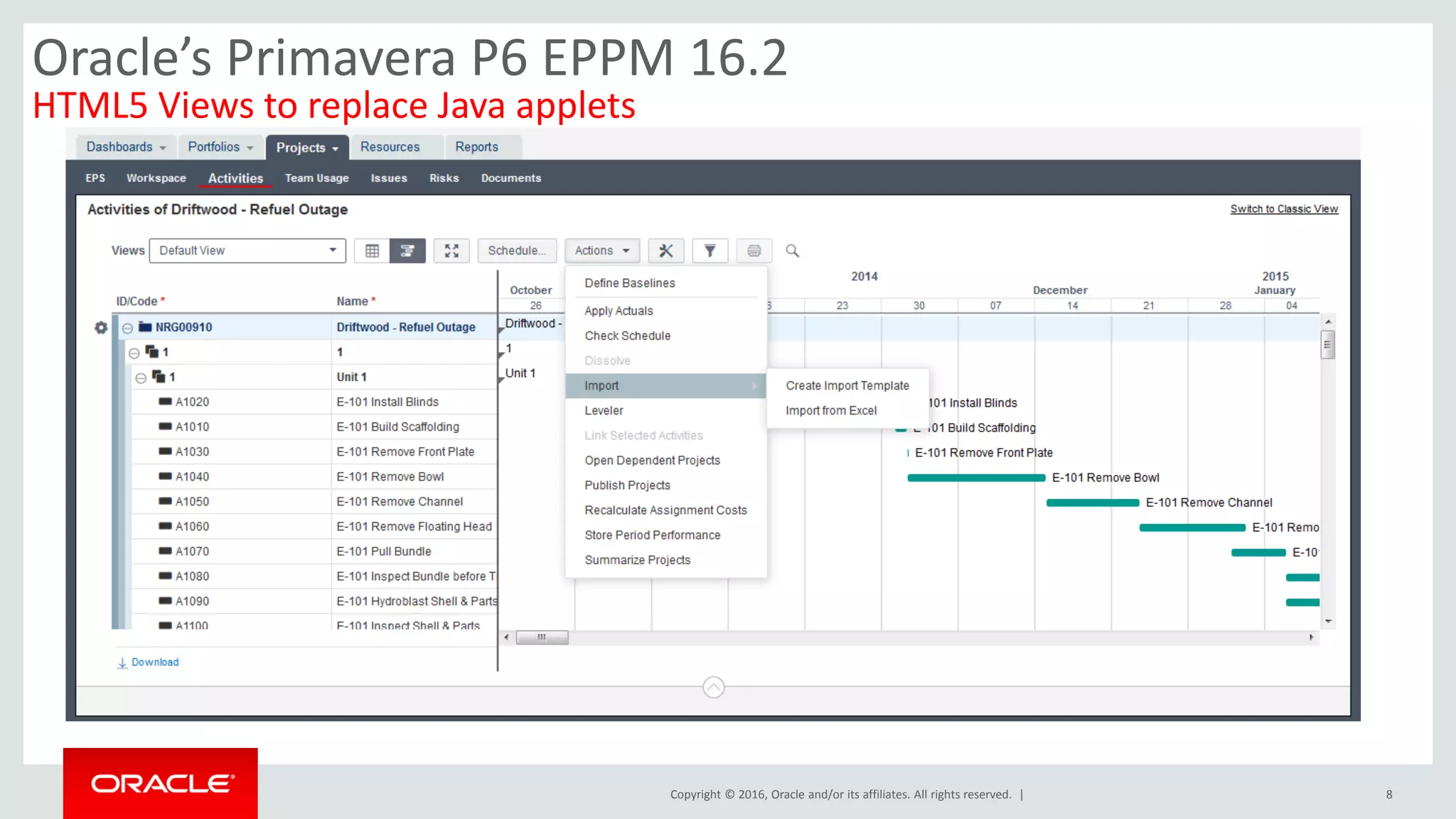 Copyright © 2016, Oracle and/or its affiliates. All rights reserved. | 8
Oracle’s Primavera P6 EPPM 16.2
HTML5 Views to replace Java applets
 