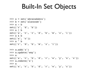 Built-In Set Objects
>>> a = set('abracadabra')
>>> b = set('alacazam')
>>> a - b
set(['r', 'd', 'b'])
>>> a | b
set(['a', 'c', 'r', 'd', 'b', 'm', 'z', 'l'])
>>> a & b
set(['a', 'c'])
>>> a ^ b
set(['r', 'd', 'b', 'm', 'z', 'l'])

>>> a.add('z')
>>> a.update('wxy')
>>> a
set(['a', 'c', 'b', 'd', 'r', 'w', 'y', 'x', 'z'])
>>> a.remove('x')
>>> a
set(['a', 'c', 'b', 'd', 'r', 'w', 'y', 'z'])
 
