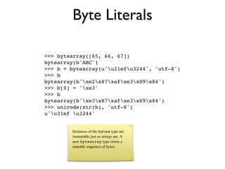 Byte Literals

>>> bytearray([65, 66, 67])
bytearray(b'ABC')
>>> b = bytearray(u'u21efu3244', 'utf-8')
>>> b
bytearray(b'xe2x87xafxe3x89x84')
>>> b[0] = 'xe3'
>>> b
bytearray(b'xe3x87xafxe3x89x84')
>>> unicode(str(b), 'utf-8')
u'u31ef u3244'


        Instances of the bytes type are
        immutable just as strings are. A
        new bytearray type stores a
        mutable sequence of bytes:
 