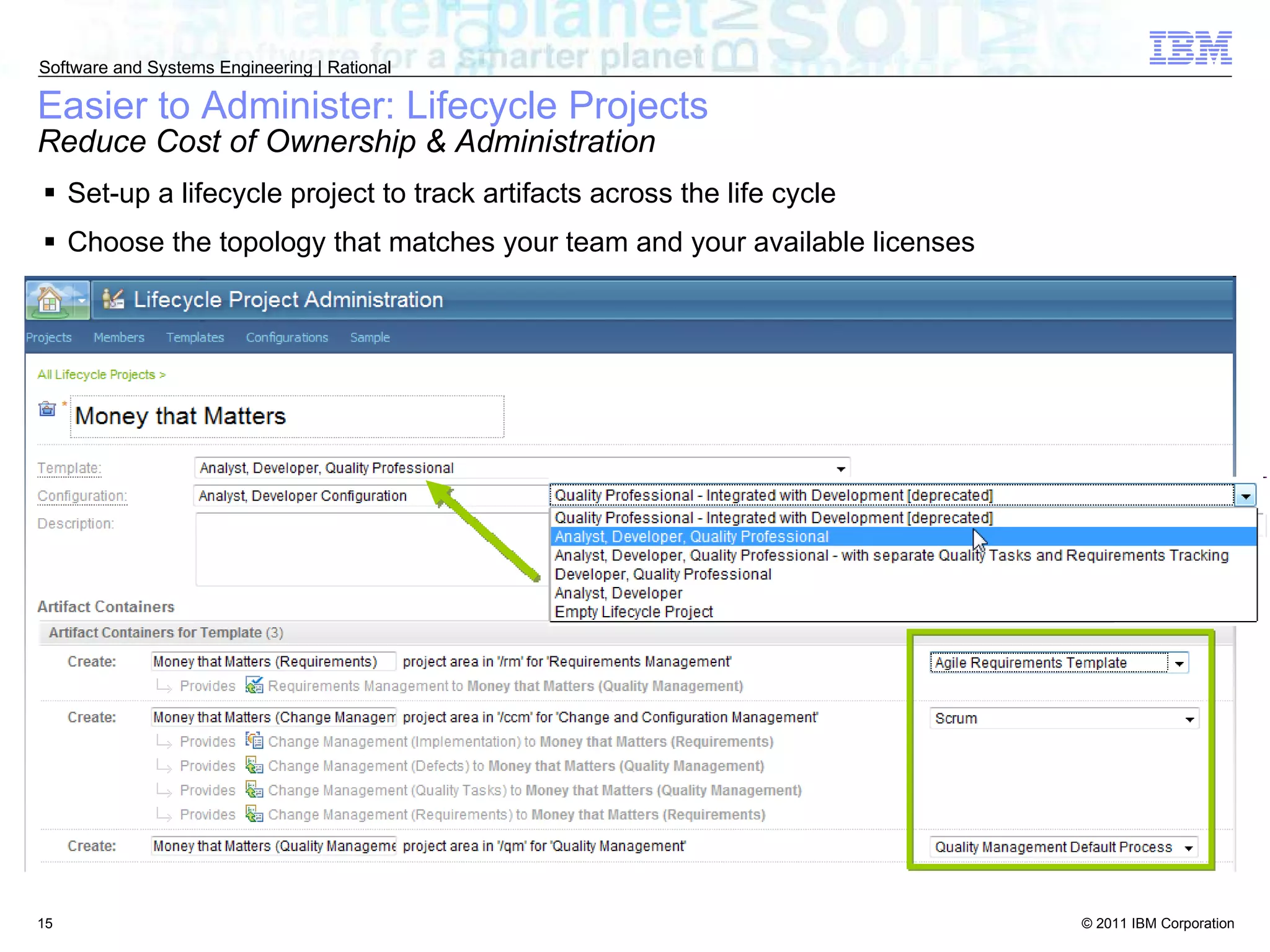 Easier to Administer: Lifecycle Projects Reduce Cost of Ownership & Administration Set-up a lifecycle project to track artifacts across the life cycle Choose the topology that matches your team and your available licenses 