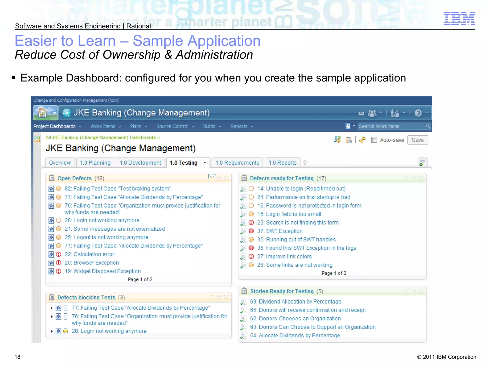 Easier to Learn – Sample Application Reduce Cost of Ownership & Administration Example Dashboard: configured for you when you create the sample application 