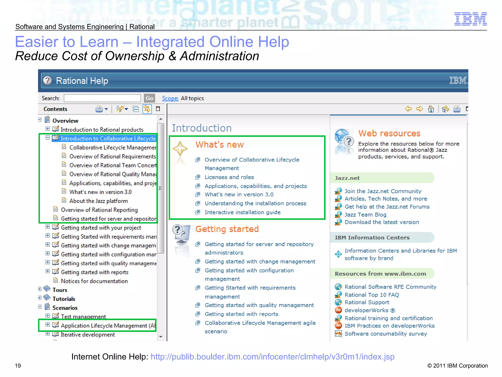 Easier to Learn – Integrated Online Help Reduce Cost of Ownership & Administration Internet Online Help:  http://publib.boulder.ibm.com/infocenter/clmhelp/v3r0m1/index.jsp   