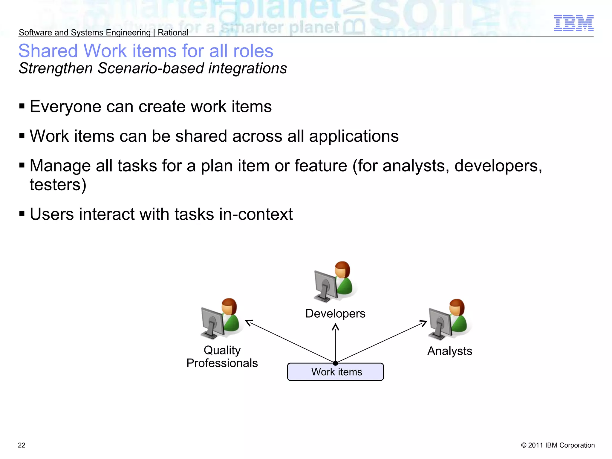 Shared Work items for all roles Strengthen Scenario-based integrations Everyone can create work items Work items can be shared across all applications Manage all tasks for a plan item or feature (for analysts, developers, testers)  Users interact with tasks in-context Work items Quality Professionals Developers Analysts 