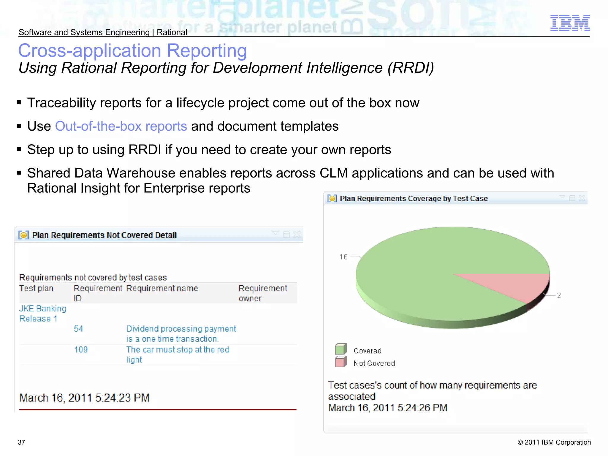 Cross-application Reporting Using Rational Reporting for Development Intelligence (RRDI)  Traceability reports for a lifecycle project come out of the box now Use  Out-of-the-box reports  and document templates Step up to using RRDI if you need to create your own reports Shared Data Warehouse enables reports across CLM applications and can be used with Rational Insight for Enterprise reports 