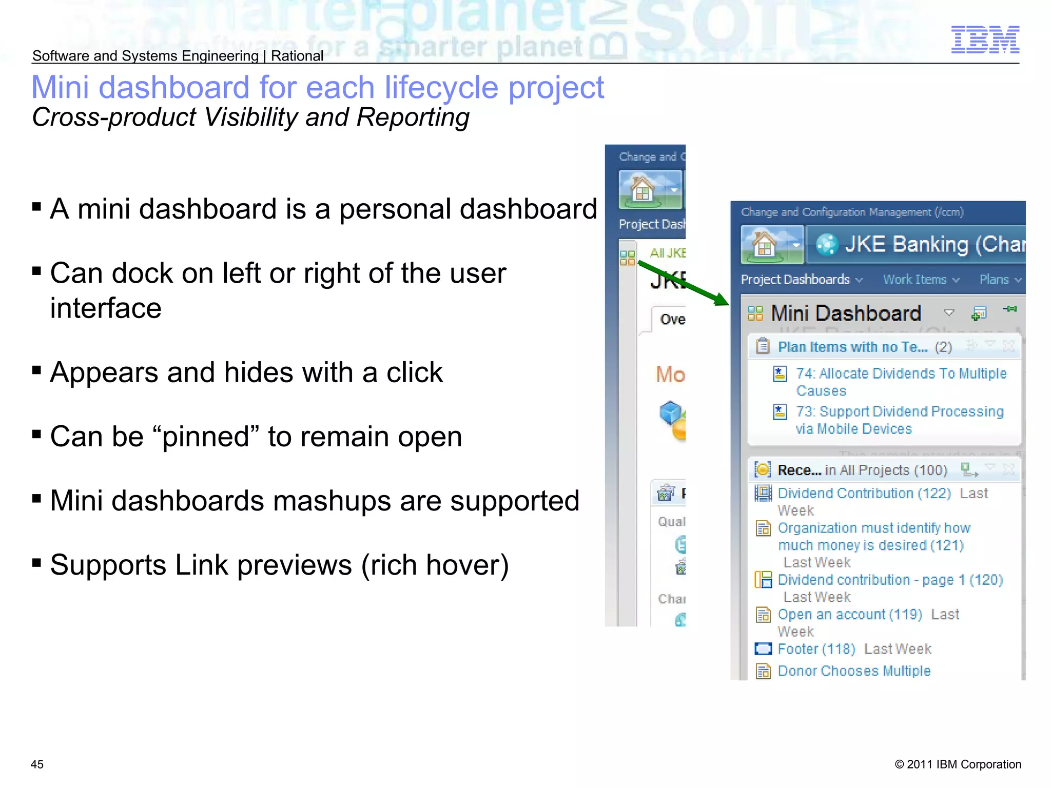 Mini dashboard for each lifecycle project Cross-product Visibility and Reporting A mini dashboard is a personal dashboard Can dock on left or right of the user interface Appears and hides with a click Can be “pinned” to remain open Mini dashboards mashups are supported Supports Link previews (rich hover)  