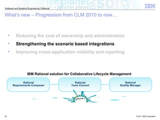 Reducing the cost of ownership and administration Strengthening the scenario based integrations Improving cross-application visibility and reporting What’s new – Progression from CLM 2010 to now… Rational Requirements Composer Rational Team Concert Rational Quality Manager IBM Rational solution for Collaborative Lifecycle Management  