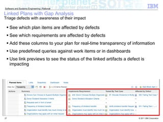 Linked Plans with Gap Analysis  Triage defects with awareness of their impact See which plan items are affected by defects See which requirements are affected by defects Add these columns to your plan for real-time transparency of information Use predefined queries against work items or in dashboards  Use link previews to see the status of the linked artifacts a defect is impacting Dmo! 