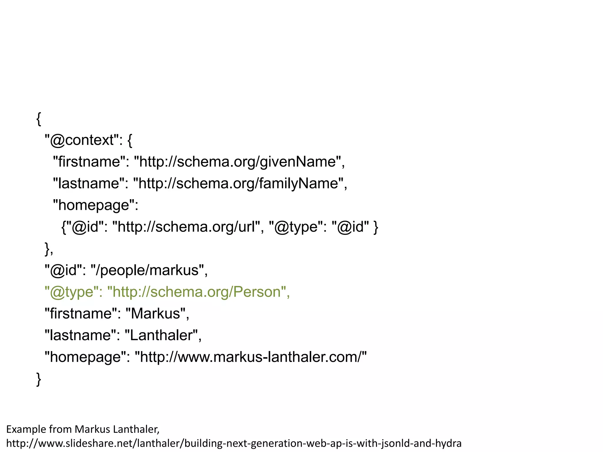 {
"@context": {
"firstname": "http://schema.org/givenName",
"lastname": "http://schema.org/familyName",
"homepage":
{"@id": "http://schema.org/url", "@type": "@id" }
},
"@id": "/people/markus",
"@type": "http://schema.org/Person",
"firstname": "Markus",
"lastname": "Lanthaler",
"homepage": "http://www.markus-lanthaler.com/"
}
Example from Markus Lanthaler,
http://www.slideshare.net/lanthaler/building-next-generation-web-ap-is-with-jsonld-and-hydra

 