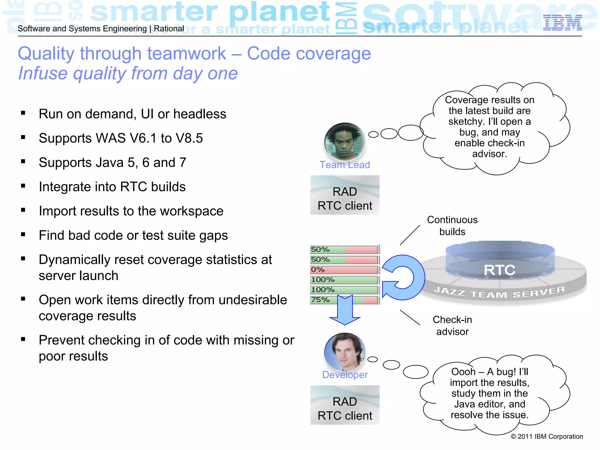 Software and Systems Engineering | Rational


Quality through teamwork – Code coverage
Infuse quality from day one
                                                                Coverage results on
 Run on demand, UI or headless                                  the latest build are
                                                                sketchy. I’ll open a
                                                                    bug, and may
 Supports WAS V6.1 to V8.5                                        enable check-in
                                                                       advisor.
 Supports Java 5, 6 and 7                      Team Lead

 Integrate into RTC builds                       RAD
 Import results to the workspace               RTC client
                                                             Continuous
 Find bad code or test suite gaps                             builds

 Dynamically reset coverage statistics at
  server launch
 Open work items directly from undesirable
  coverage results                                            Check-in
                                                              advisor
 Prevent checking in of code with missing or
  poor results
                                                Developer         Oooh – A bug! I’ll
                                                                 import the results,
                                                                  study them in the
                                                  RAD              Java editor, and
                                                RTC client       resolve the issue.

                                                                               © 2011 IBM Corporation
 