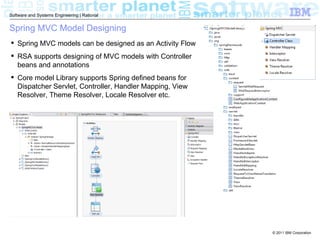 Software and Systems Engineering | Rational


Spring MVC Model Designing
 Spring MVC models can be designed as an Activity Flow
 RSA supports designing of MVC models with Controller
  beans and annotations
 Core model Library supports Spring defined beans for
  Dispatcher Servlet, Controller, Handler Mapping, View
  Resolver, Theme Resolver, Locale Resolver etc.




                                                          © 2011 IBM Corporation
 