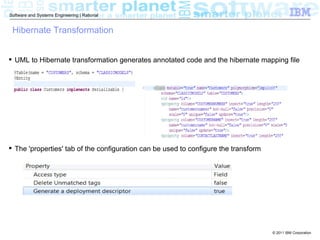 Software and Systems Engineering | Rational


 Hibernate Transformation


 UML to Hibernate transformation generates annotated code and the hibernate mapping file




 The 'properties' tab of the configuration can be used to configure the transform




                                                                                     © 2011 IBM Corporation
 