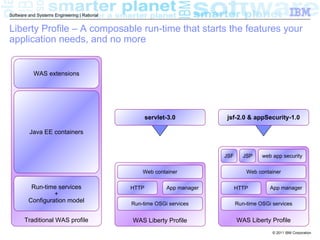 Software and Systems Engineering | Rational


Liberty Profile – A composable run-time that starts the features your
application needs, and no more


           WAS extensions




                                                     servlet-3.0          jsf-2.0 & appSecurity-1.0

         Java EE containers


                                                                          JSF     JSP     web app security

                                                  Web container                     Web container

          Run-time services                   HTTP          App manager         HTTP         App manager
                  +
         Configuration model                  Run-time OSGi services            Run-time OSGi services


       Traditional WAS profile                WAS Liberty Profile               WAS Liberty Profile
                                                                                              © 2011 IBM Corporation
 