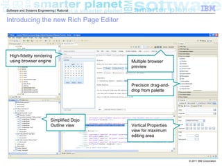 Software and Systems Engineering | Rational


Introducing the new Rich Page Editor




  High-fidelity rendering
  using browser engine                          Multiple browser
                                                preview



                                                Precision drag-and-
                                                drop from palette




                              Simplified Dojo
                              Outline view      Vertical Properties
                                                view for maximum
                                                editing area




                                                                      © 2011 IBM Corporation
 