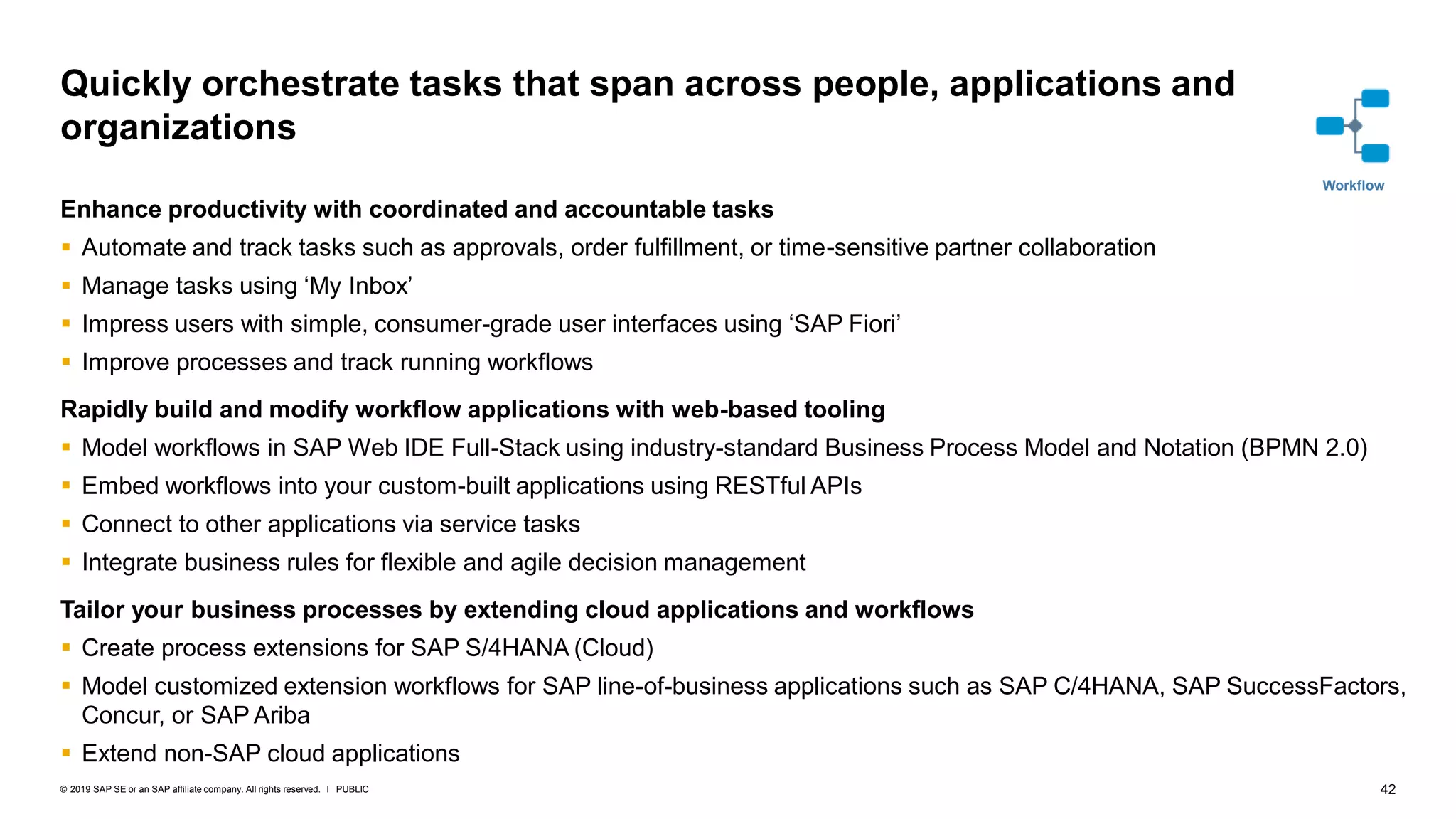 42PUBLIC© 2019 SAP SE or an SAP affiliate company. All rights reserved. ǀ
Enhance productivity with coordinated and accountable tasks
▪ Automate and track tasks such as approvals, order fulfillment, or time-sensitive partner collaboration
▪ Manage tasks using ‘My Inbox’
▪ Impress users with simple, consumer-grade user interfaces using ‘SAP Fiori’
▪ Improve processes and track running workflows
Rapidly build and modify workflow applications with web-based tooling
▪ Model workflows in SAP Web IDE Full-Stack using industry-standard Business Process Model and Notation (BPMN 2.0)
▪ Embed workflows into your custom-built applications using RESTful APIs
▪ Connect to other applications via service tasks
▪ Integrate business rules for flexible and agile decision management
Tailor your business processes by extending cloud applications and workflows
▪ Create process extensions for SAP S/4HANA (Cloud)
▪ Model customized extension workflows for SAP line-of-business applications such as SAP C/4HANA, SAP SuccessFactors,
Concur, or SAP Ariba
▪ Extend non-SAP cloud applications
Quickly orchestrate tasks that span across people, applications and
organizations
Workflow
 