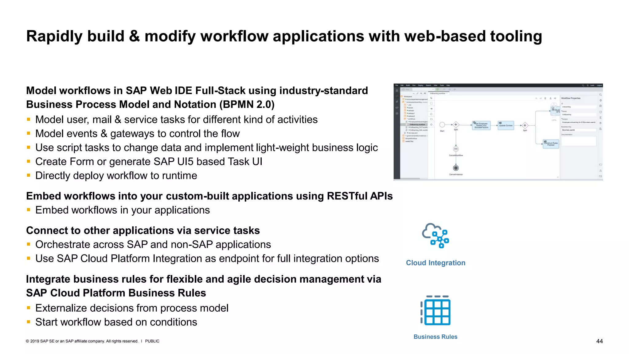 44PUBLIC© 2019 SAP SE or an SAP affiliate company. All rights reserved. ǀ
Model workflows in SAP Web IDE Full-Stack using industry-standard
Business Process Model and Notation (BPMN 2.0)
▪ Model user, mail & service tasks for different kind of activities
▪ Model events & gateways to control the flow
▪ Use script tasks to change data and implement light-weight business logic
▪ Create Form or generate SAP UI5 based Task UI
▪ Directly deploy workflow to runtime
Embed workflows into your custom-built applications using RESTful APIs
▪ Embed workflows in your applications
Connect to other applications via service tasks
▪ Orchestrate across SAP and non-SAP applications
▪ Use SAP Cloud Platform Integration as endpoint for full integration options
Integrate business rules for flexible and agile decision management via
SAP Cloud Platform Business Rules
▪ Externalize decisions from process model
▪ Start workflow based on conditions
Rapidly build & modify workflow applications with web-based tooling
Business Rules
Cloud Integration
 