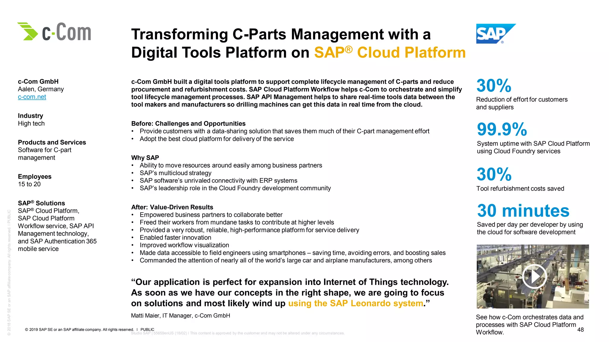 48PUBLIC© 2019 SAP SE or an SAP affiliate company. All rights reserved. ǀ
Studio SAP | 55659enUS (18/02) ǀ This content is approved by the customer and may not be altered under any circumstances.
©2018SAPSEoranSAPaffiliatecompany.Allrightsreserved.ǀPUBLIC
Transforming C-Parts Management with a
Digital Tools Platform on SAP® Cloud Platform
c-Com GmbH
Aalen, Germany
c-com.net
Industry
High tech
Products and Services
Software for C-part
management
Employees
15 to 20
SAP® Solutions
SAP® Cloud Platform,
SAP Cloud Platform
Workflow service, SAP API
Management technology,
and SAP Authentication 365
mobile service
“Our application is perfect for expansion into Internet of Things technology.
As soon as we have our concepts in the right shape, we are going to focus
on solutions and most likely wind up using the SAP Leonardo system.”
Matti Maier, IT Manager, c-Com GmbH
c-Com GmbH built a digital tools platform to support complete lifecycle management of C-parts and reduce
procurement and refurbishment costs. SAP Cloud Platform Workflow helps c-Com to orchestrate and simplify
tool lifecycle management processes. SAP API Management helps to share real-time tools data between the
tool makers and manufacturers so drilling machines can get this data in real time from the cloud.
Before: Challenges and Opportunities
• Provide customers with a data-sharing solution that saves them much of their C-part management effort
• Adopt the best cloud platform for delivery of the service
Why SAP
• Ability to move resources around easily among business partners
• SAP’s multicloud strategy
• SAP software’s unrivaled connectivity with ERP systems
• SAP’s leadership role in the Cloud Foundry development community
After: Value-Driven Results
• Empowered business partners to collaborate better
• Freed their workers from mundane tasks to contribute at higher levels
• Provided a very robust, reliable, high-performance platform for service delivery
• Enabled faster innovation
• Improved workflow visualization
• Made data accessible to field engineers using smartphones – saving time, avoiding errors, and boosting sales
• Commanded the attention of nearly all of the world’s large car and airplane manufacturers, among others
See how c-Com orchestrates data and
processes with SAP Cloud Platform
Workflow.
30%
Reduction of effort for customers
and suppliers
30%
Tool refurbishment costs saved
99.9%
System uptime with SAP Cloud Platform
using Cloud Foundry services
30 minutes
Saved per day per developer by using
the cloud for software development
 