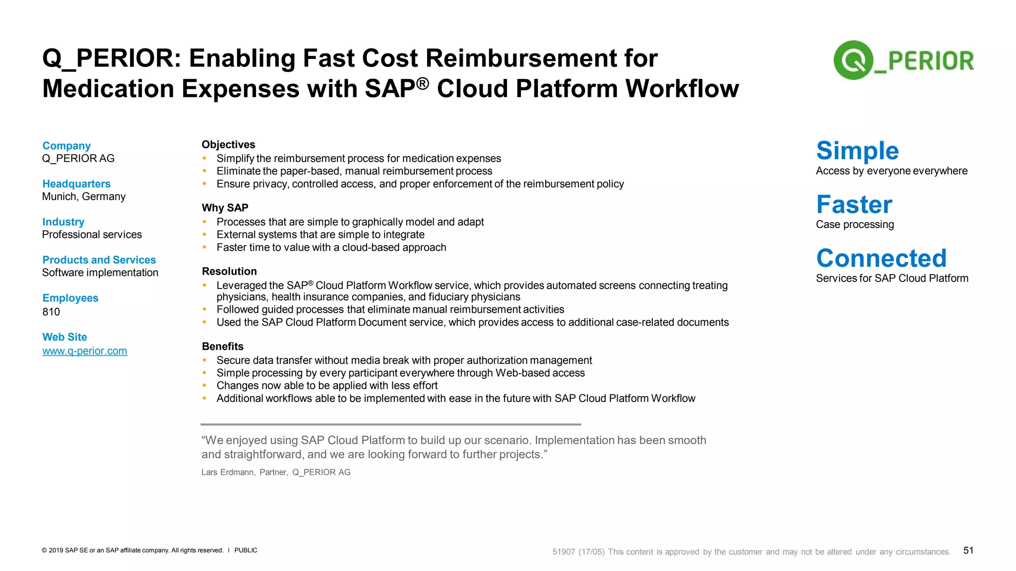 51PUBLIC© 2019 SAP SE or an SAP affiliate company. All rights reserved. ǀ
Q_PERIOR: Enabling Fast Cost Reimbursement for
Medication Expenses with SAP® Cloud Platform Workflow
Company
Q_PERIOR AG
Headquarters
Munich, Germany
Industry
Professional services
Products and Services
Software implementation
Employees
810
Web Site
www.q-perior.com
Objectives
 Simplify the reimbursement process for medication expenses
 Eliminate the paper-based, manual reimbursement process
 Ensure privacy, controlled access, and proper enforcement of the reimbursement policy
Why SAP
 Processes that are simple to graphically model and adapt
 External systems that are simple to integrate
 Faster time to value with a cloud-based approach
Resolution
 Leveraged the SAP® Cloud Platform Workflow service, which provides automated screens connecting treating
physicians, health insurance companies, and fiduciary physicians
 Followed guided processes that eliminate manual reimbursement activities
 Used the SAP Cloud Platform Document service, which provides access to additional case-related documents
Benefits
 Secure data transfer without media break with proper authorization management
 Simple processing by every participant everywhere through Web-based access
 Changes now able to be applied with less effort
 Additional workflows able to be implemented with ease in the future with SAP Cloud Platform Workflow
Simple
Access by everyone everywhere
Faster
Case processing
Connected
Services for SAP Cloud Platform
“We enjoyed using SAP Cloud Platform to build up our scenario. Implementation has been smooth
and straightforward, and we are looking forward to further projects.”
Lars Erdmann, Partner, Q_PERIOR AG
51907 (17/05) This content is approved by the customer and may not be altered under any circumstances.
 