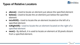 Types of Relative Locators
● above() - Used to locate an element just above the speciﬁed element
● below() - Used to locate the an element just below the speciﬁed
element
● toLeftOf() - Used to locate the an element located on the left of a
speciﬁed element
● toRightOf() - Used to locate the an element located on the right of a
speciﬁed element
● near() - By default, it is used to locate an element at 50 pixels distant
from a speciﬁed element.
 
