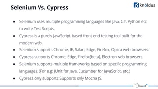 Selenium Vs. Cypress
● Selenium uses multiple programming languages like Java, C#, Python etc
to write Test Scripts.
● Cypress is a purely JavaScript-based front end testing tool built for the
modern web.
● Selenium supports Chrome, IE, Safari, Edge, Firefox, Opera web browsers.
● Cypress supports Chrome, Edge, Firefox(beta), Electron web browsers.
● Selenium supports multiple frameworks based on speciﬁc programming
languages. (For e.g: JUnit for Java, Cucumber for JavaScript, etc.)
● Cypress only supports Supports only Mocha JS.
 