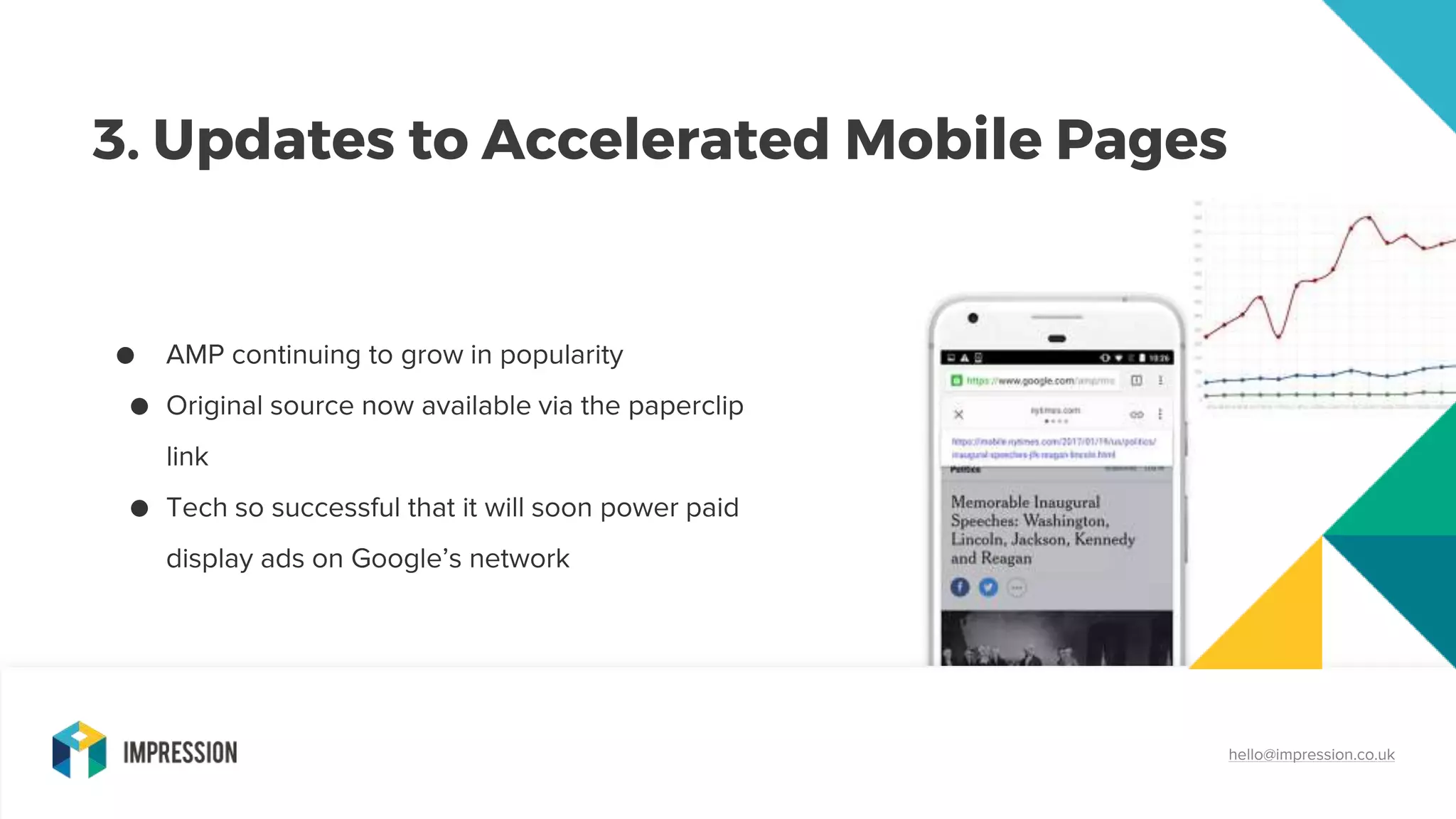 3. Updates to Accelerated Mobile Pages
hello@impression.co.uk
● AMP continuing to grow in popularity
● Original source now available via the paperclip
link
● Tech so successful that it will soon power paid
display ads on Google’s network
 