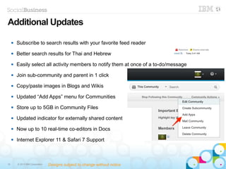 18 © 2013 IBM Corporation
 Subscribe to search results with your favorite feed reader
 Better search results for Thai and Hebrew
 Easily select all activity members to notify them at once of a to-do/message
 Join sub-community and parent in 1 click
 Copy/paste images in Blogs and Wikis
 Updated “Add Apps” menu for Communities
 Store up to 5GB in Community Files
 Updated indicator for externally shared content
 Now up to 10 real-time co-editors in Docs
 Internet Explorer 11 & Safari 7 Support
Additional Updates
Designs subject to change without notice
 