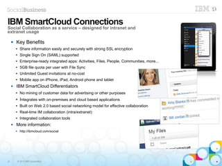 21 © 2013 IBM Corporation
 Key Benefits
● Share information easily and securely with strong SSL encryption
● Single Sign On (SAML) supported
● Enterprise-ready integrated apps: Activities, Files, People, Communities, more...
● 5GB file quota per user with File Sync
● 5GB file quota per community
● Unlimited Guest invitations at no-cost
● Mobile app on iPhone, iPad, Android phone and tablet
 IBM SmartCloud Differentiators
● No mining of customer data for advertising or other purposes
● Integrates with on-premises and cloud based applications
● Built on Web 2.0 based social networking model for effective collaboration
● Real-time IM collaboration (intra/extranet)
● Integrated collaboration tools
 More information:
● http://ibmcloud.com/social
IBM SmartCloud Connections
Social Collaboration as a service – designed for intranet and
extranet usage
 