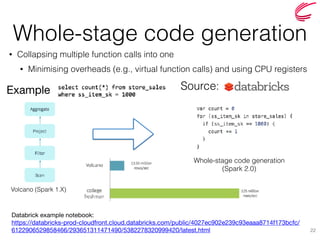 Whole-stage code generation
• Collapsing multiple function calls into one
• Minimising overheads (e.g., virtual function calls) and using CPU registers
22
Volcano (Spark 1.X)
Example Source:
Databrick example notebook: 
https://databricks-prod-cloudfront.cloud.databricks.com/public/4027ec902e239c93eaaa8714f173bcfc/
6122906529858466/293651311471490/5382278320999420/latest.html
Whole-stage code generation
(Spark 2.0)
 