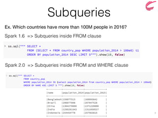 Subqueries
7
Spark 1.6 => Subqueries inside FROM clause
Spark 2.0 => Subqueries inside FROM and WHERE clause
Ex. Which countries have more than 100M people in 2016?
 