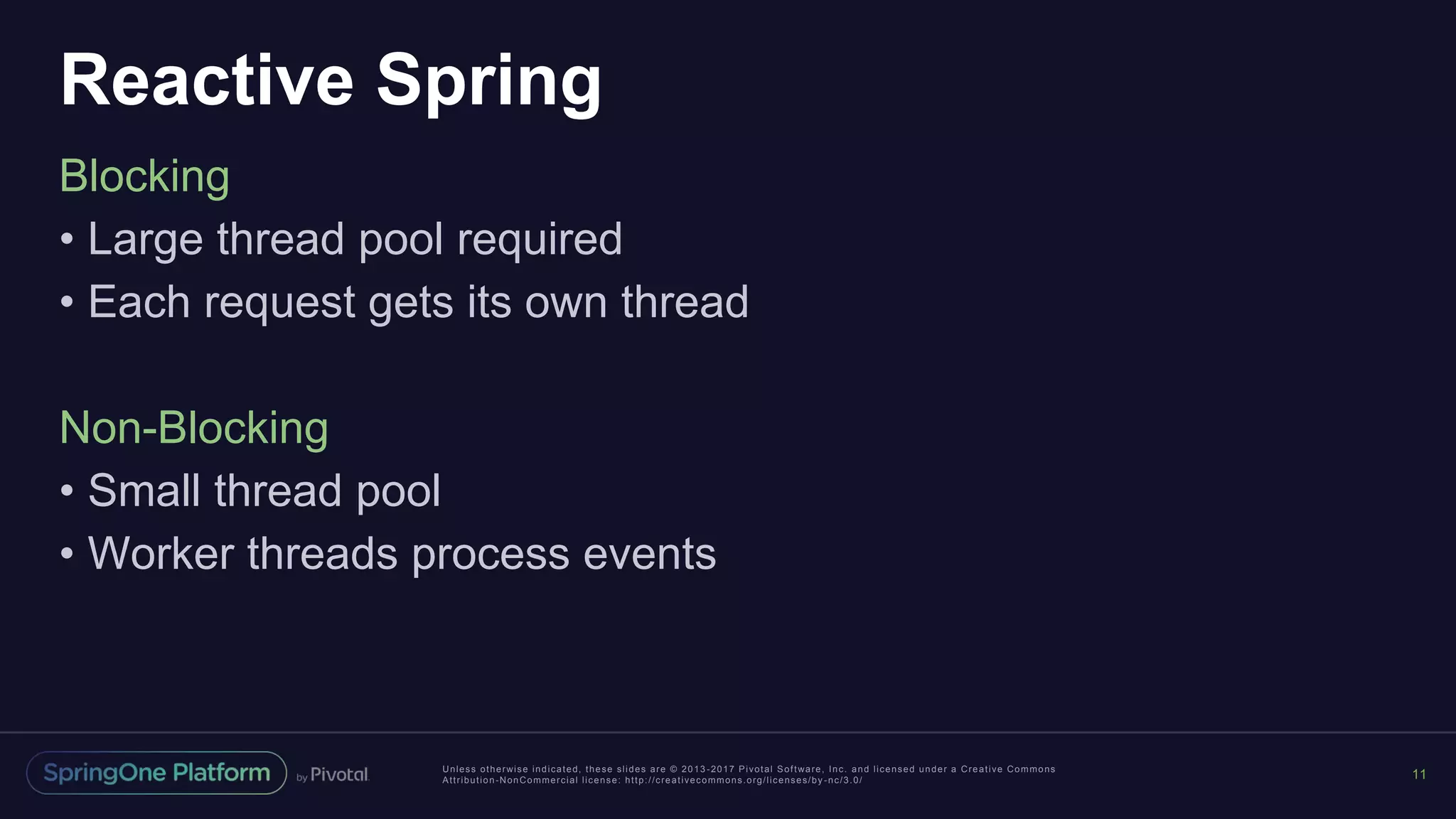 Unless otherwise indicated, these slides are © 2013 -2017 Pivotal Software, Inc. and licensed under a Creative Commons
Attribution-NonCommercial license: http://creativecommons.org/licenses/by -nc/3.0/
Reactive Spring
Blocking
• Large thread pool required
• Each request gets its own thread
Non-Blocking
• Small thread pool
• Worker threads process events
11
 