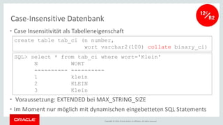 Copyright © 2016, Oracle and/or its affiliates. All rights reserved.
Case-Insensitive Datenbank
• Case Insensitivität als Tabelleneigenschaft
• Voraussetzung: EXTENDED bei MAX_STRING_SIZE
• Im Moment nur möglich mit dynamischen eingebetteten SQL Statements
create table tab_ci (n number,
wort varchar2(100) collate binary_ci)
SQL> select * from tab_ci where wort='Klein'
N WORT
---------- ----------
1 klein
2 KLEIN
3 Klein
 