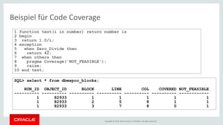 Copyright © 2016, Oracle and/or its affiliates. All rights reserved.
Beispiel für Code Coverage
1 function test(i in number) return number is
2 begin
3 return 1.0/i;
4 exception
5 when Zero_Divide then
6 return 42;
7 when others then
8 pragma Coverage('NOT_FEASIBLE');
9 raise;
10 end test;
SQL> select * from dbmspcc_blocks;
RUN_ID OBJECT_ID BLOCK LINE COL COVERED NOT_FEASIBLE
---------- ---------- ---------- ---------- ---------- ---------- ------------
1 82933 1 1 1 1 1
1 82933 2 5 8 1 1
1 82933 3 7 8 0 1
 