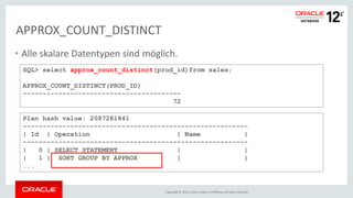 Copyright © 2016, Oracle and/or its affiliates. All rights reserved.
APPROX_COUNT_DISTINCT
• Alle skalare Datentypen sind möglich.
SQL> select approx_count_distinct(prod_id)from sales;
APPROX_COUNT_DISTINCT(PROD_ID)
----------------------------------------
72
Plan hash value: 2087281841
---------------------------------------------------------
| Id | Operation | Name |
---------------------------------------------------------
| 0 | SELECT STATEMENT | |
| 1 | SORT GROUP BY APPROX | |
...
 